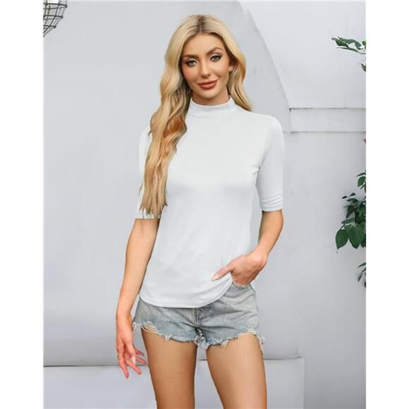 Women Tops Half Sleeve Mock Turtleneck Tee Shirts Slim Fit Basic Shirt Blouses - Picture 5 of 7